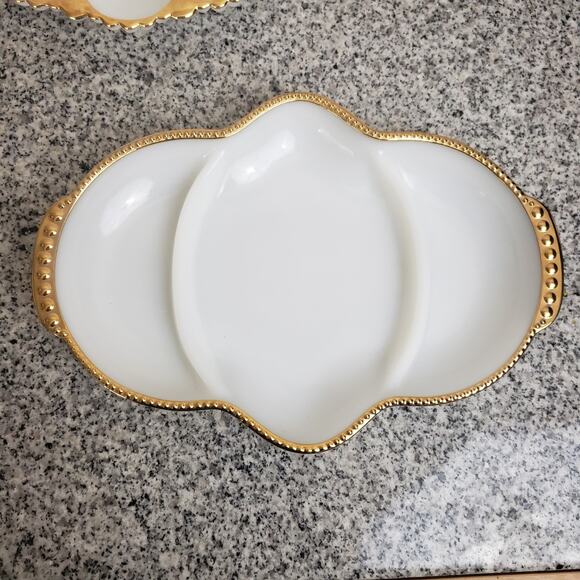 Lot of 2 Anchor Hocking Fire King Milk Glass Deviled Egg Gold Trim + Relish Tray - Picture 2 of 12
